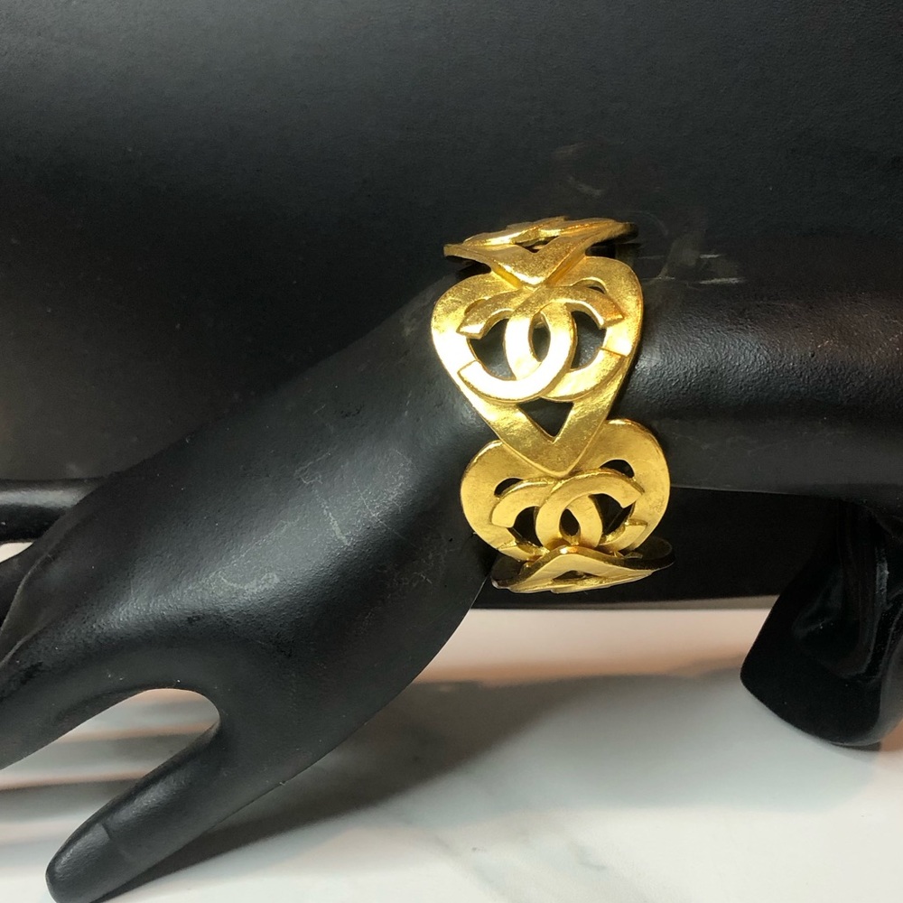 CHANEL Gold Statement Cuff Bracelet Interlocking CC Open Heart Design w/ Box